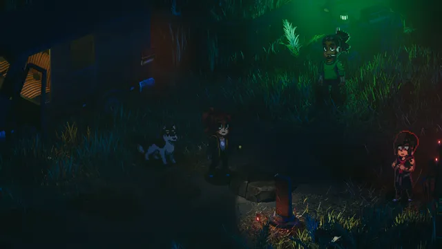Enigma of Fear screenshot: Mia and Lupi with two companions in a dark overgrown camp at night