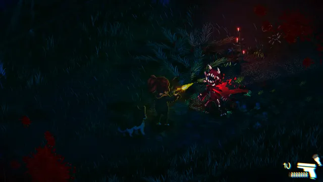 Enigma of Fear screenshot: Mia fires her pistol at a red, toothed creature in a dark wood spattered with blood