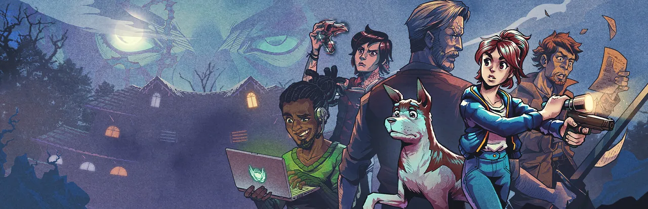 Enigma of Fear key art: Mia with a flashlight and pistol, her dog Lupi and the Ordo Realitas agents before a dark house under huge glowing eyes