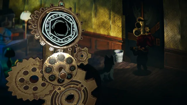 Enigma of Fear screenshot: a close-up puzzle of brass gears and a glowing occult symbol in a dim room