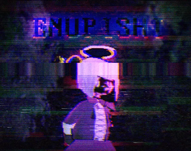 Enupishi cover: a haloed anime-style girl in glitching red and blue static below the title