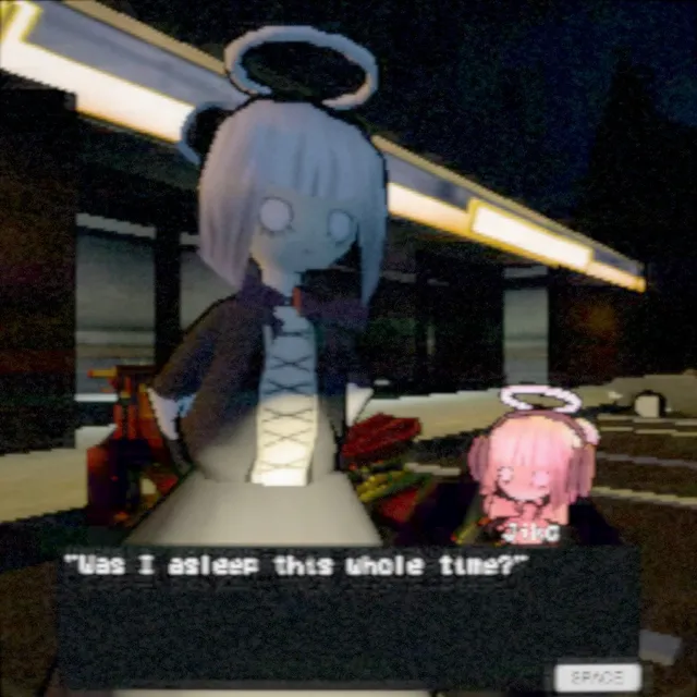 Enupishi screenshot: two haloed anime-style characters by a lit platform at night, one asking if they were asleep the whole time