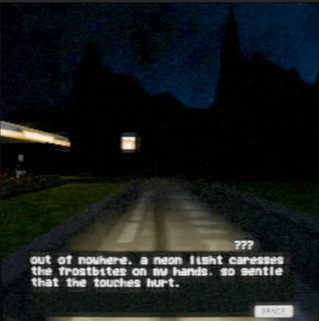 Enupishi screenshot: a dark night road under a lamp, with text about a neon light on frostbitten hands