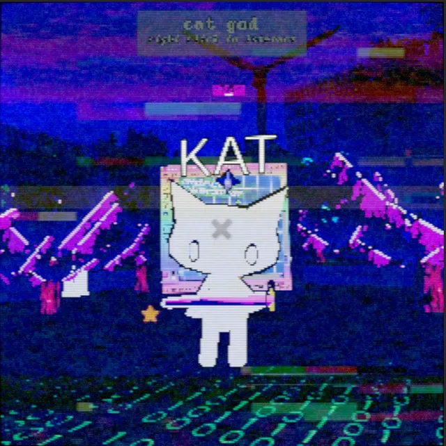 Enupishi screenshot: a white cat figure named KAT, a cat god, stands in a neon field of binary code under a glitching purple sky