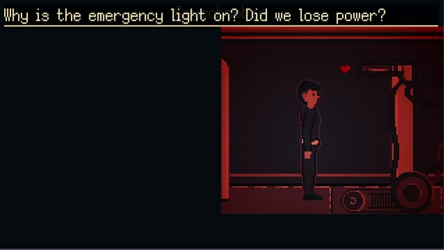 A crewman in a red-lit room asking: Why is the emergency light on? Did we lose power?