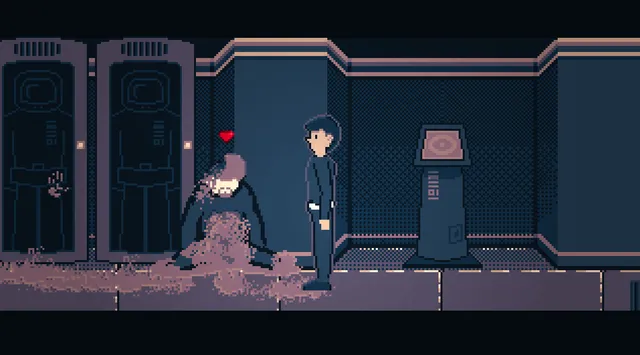 A crewman stands beside cryo pods next to a torn-apart body in a pool of blood