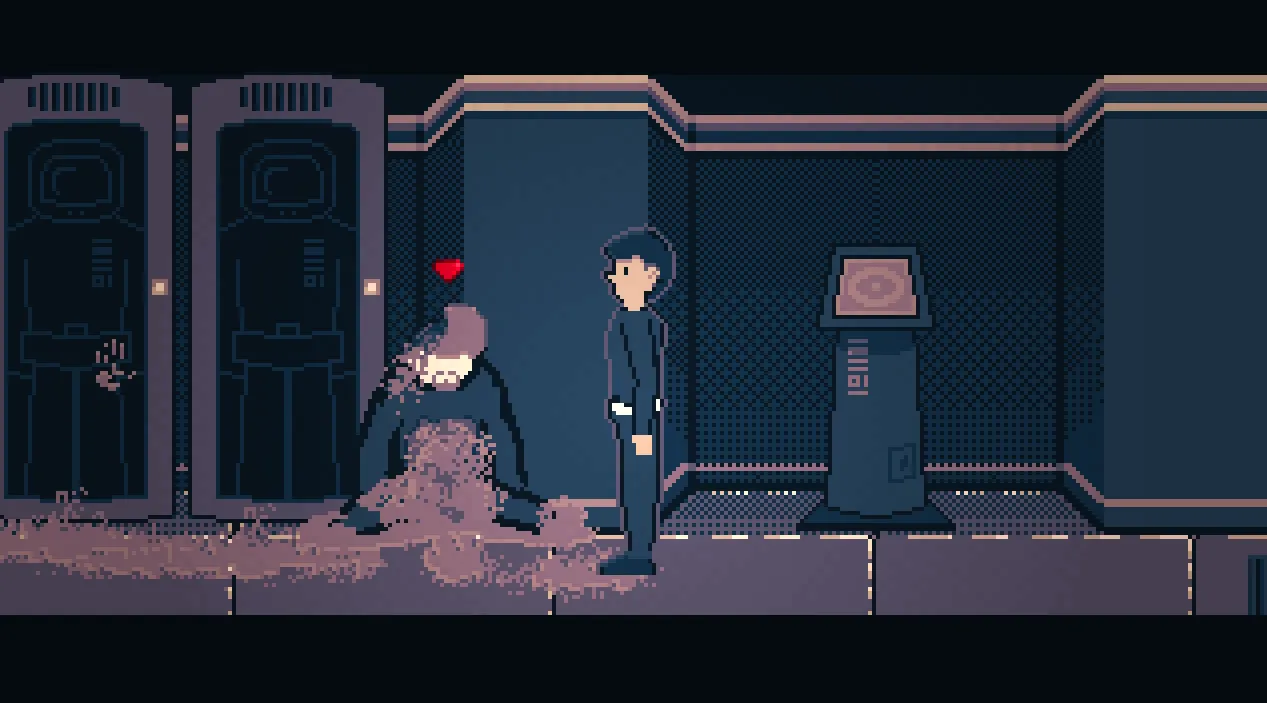 A crewman stands beside cryo pods next to a torn-apart body in a pool of blood