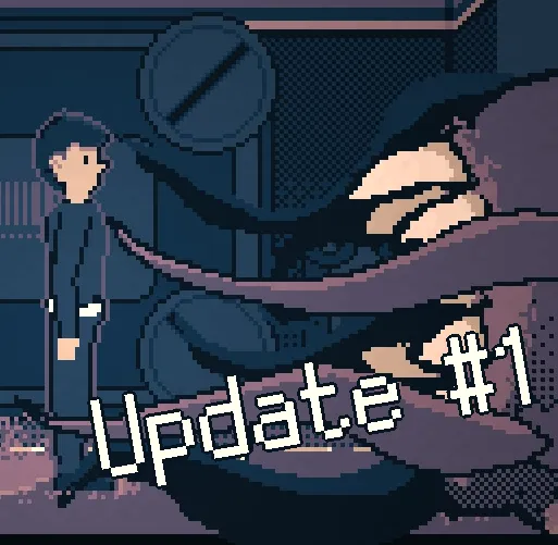 Erebos art: a pixel-art crewman stands beside a huge clawed alien shape, with the words Update #1