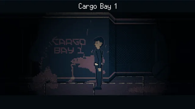 A crewman in dark Cargo Bay 1 with stains spreading across the floor