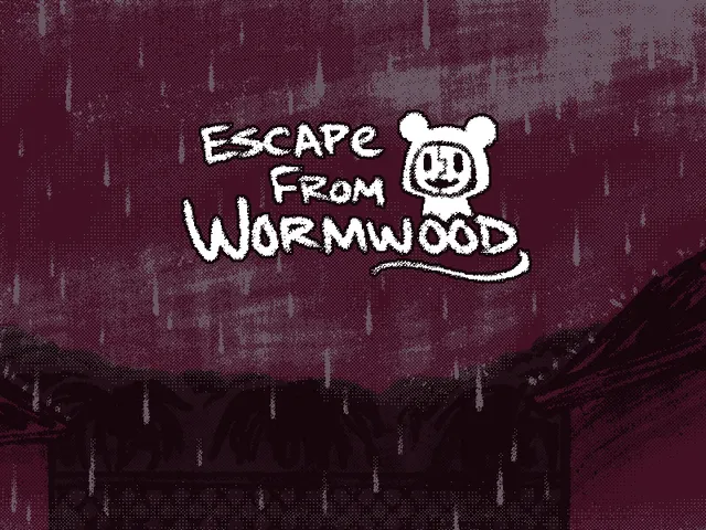 Escape from Wormwood title art: the hand-lettered title with a small mouse face over a rainy dark red village scene