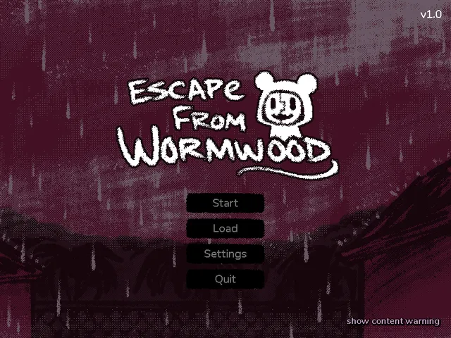 Escape from Wormwood title screen: the logo over a rainy red village with Start, Load, Settings and Quit