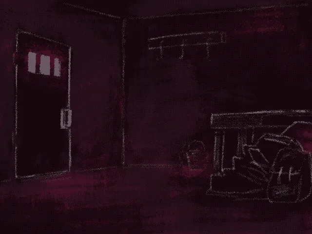 Escape from Wormwood: a dim chalk-drawn room with a barred door and a table