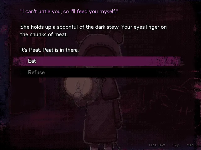 Escape from Wormwood screenshot: a hooded cultist holding a lantern offers a spoonful of dark stew, with the choices Eat and Refuse