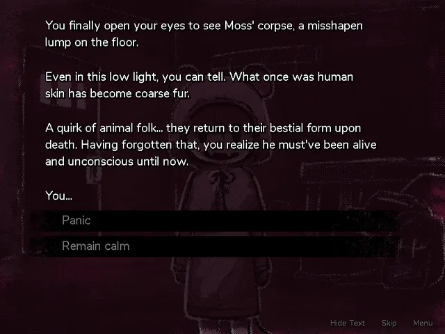 Escape from Wormwood screenshot: text describing a corpse on the floor turned to fur, with the choices Panic and Remain calm
