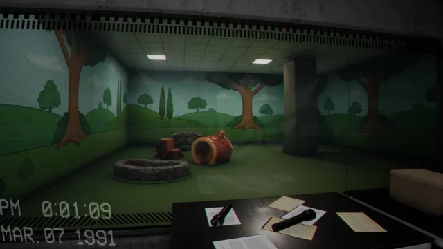 Escape the Backrooms screenshot: a room with a painted children's mural, flashlights and notes on a table, under a camcorder date stamp