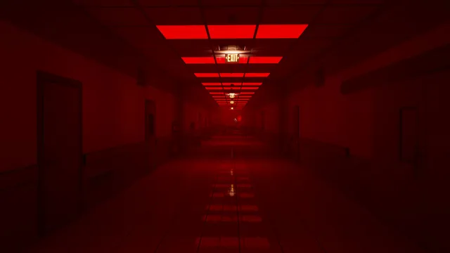 Escape the Backrooms screenshot: a long red-lit corridor with an exit sign