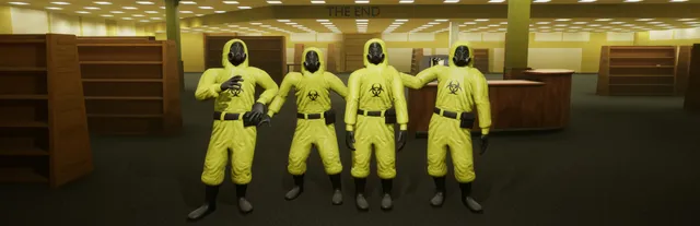 Escape the Backrooms art: four players in yellow hazmat suits pose in an empty library
