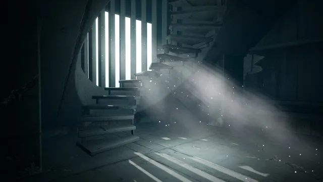 Escape the Backrooms screenshot: a spiral staircase in a shaft of light in a dark concrete room