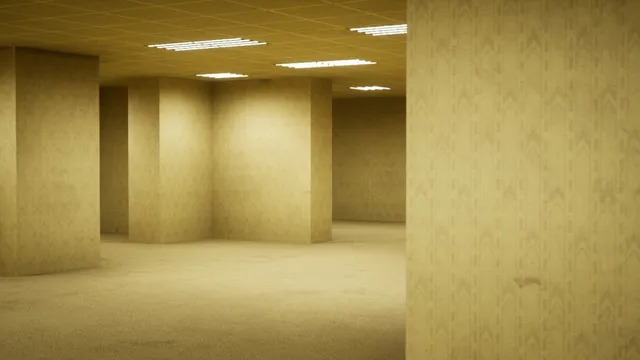 Escape the Backrooms screenshot: the empty yellow-wallpapered rooms and fluorescent lights of the first level