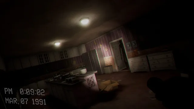 Escape the Backrooms screenshot: a dark, abandoned kitchen seen through a camcorder overlay