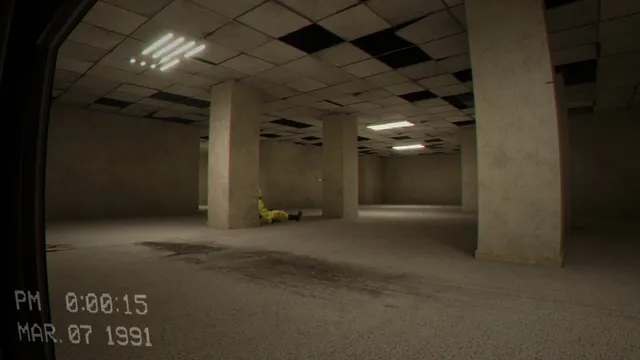 Escape the Backrooms screenshot: a grey office level under a camcorder date stamp, with a hazmat-suited player slumped by a pillar