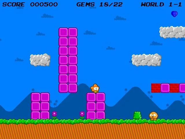 World 1-1: a bright blue-sky platformer level with pink blocks, clouds and the flower hero
