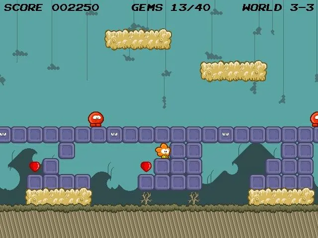 World 3-3 in a duller teal layer, with stone blocks that have faces and hanging vines