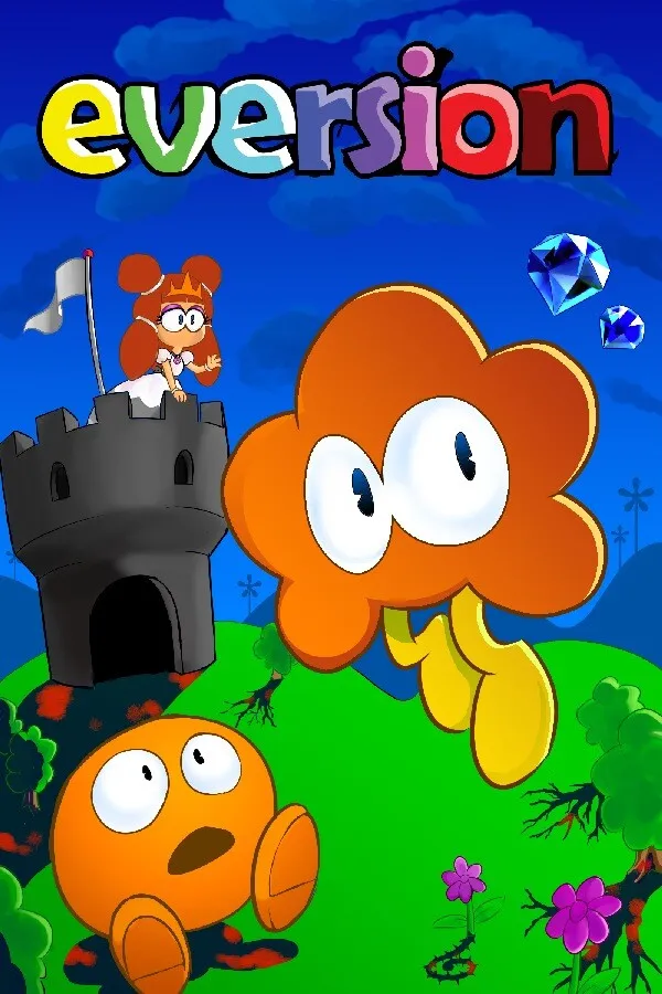 Eversion box art: an orange flower hero with big eyes on a green hill, a princess waving from a tower, gems and the colourful logo