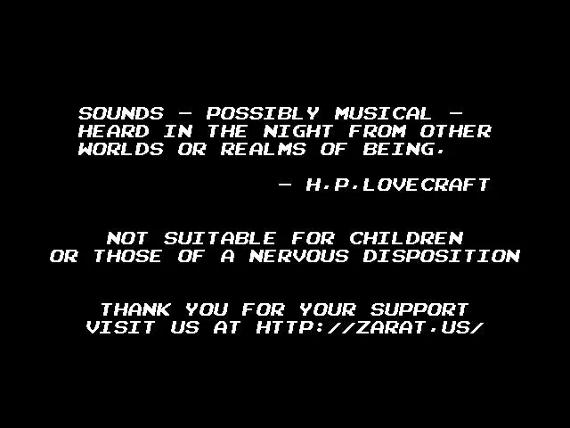 A black screen quoting H. P. Lovecraft and warning the game is not suitable for children or those of a nervous disposition