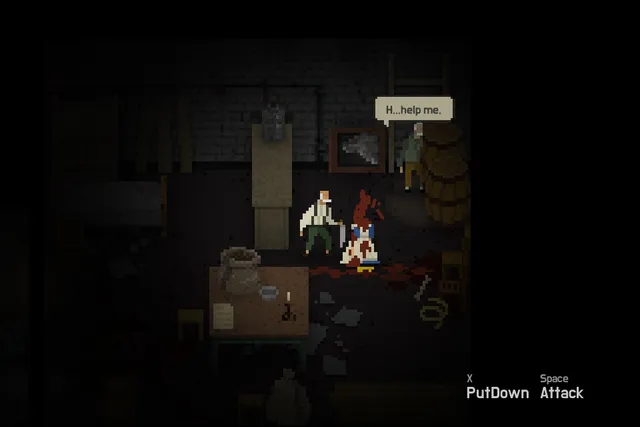 EVERYBODY MUST DIE screenshot: a wounded figure on the floor of a cellar says help me as the old man approaches