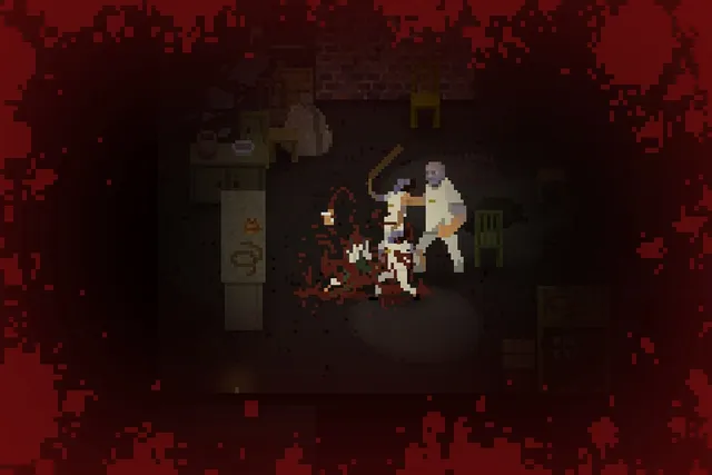 EVERYBODY MUST DIE screenshot: a bloody struggle in a dark room, the screen edges covered in red splatter