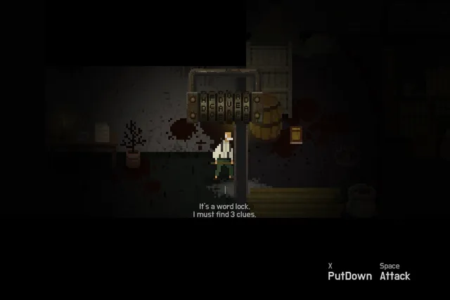 EVERYBODY MUST DIE screenshot: the old man stands before a word lock in a dark cellar with barrels, noting he must find three clues