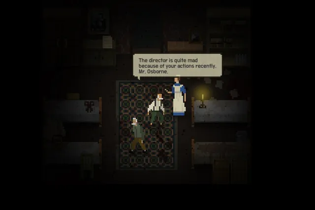 EVERYBODY MUST DIE screenshot: a nurse tells Mr. Osborne the director is quite mad about his recent actions, in a dim candlelit room