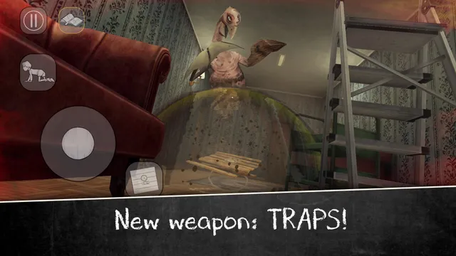 Evil Nun 2 screenshot: a bird-headed monster caught in a green trap bubble in a wallpapered room, seen from the floor