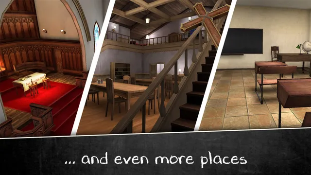 Evil Nun 2 screenshot: three rooms of the school, a chapel with a red carpet, a hall with tables and a staircase, and a classroom