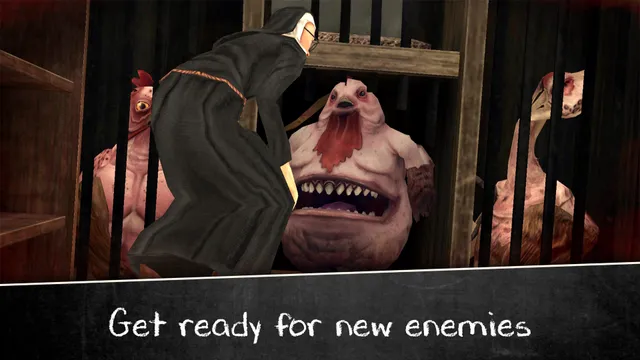 Evil Nun 2 screenshot: Sister Madeline bends over caged monsters, pale creatures with bird-like heads and wide toothed mouths