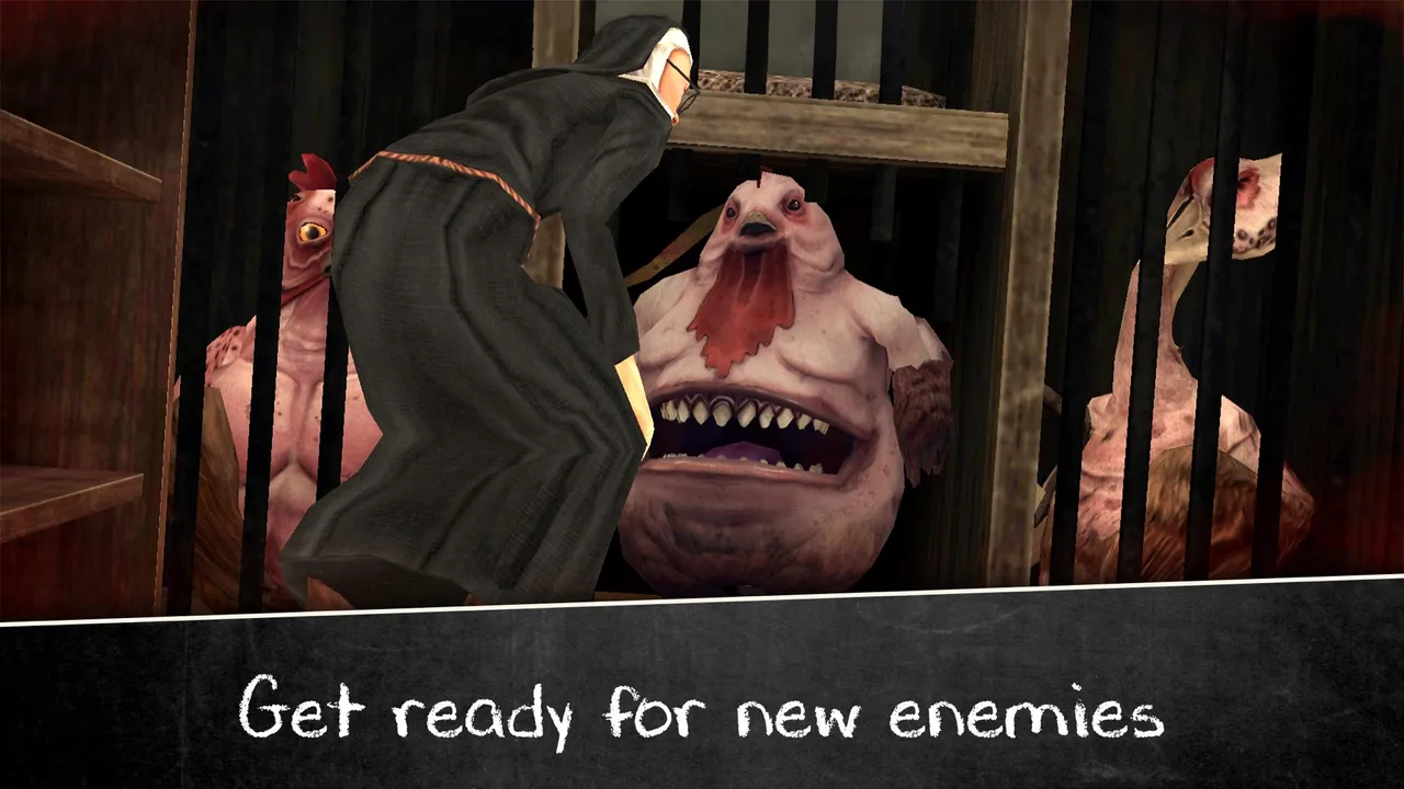 Evil Nun 2 screenshot: Sister Madeline bends over caged monsters, pale creatures with bird-like heads and wide toothed mouths