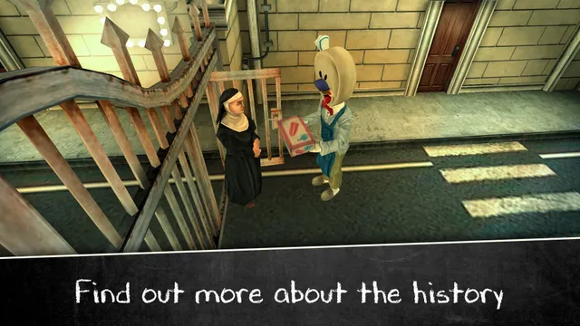 Evil Nun 2 story scene: Sister Madeline on a street talks with a masked ice cream man holding a box