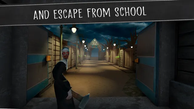 Evil Nun screenshot: the nun with a pale face and a cleaver walks a night corridor of school lockers