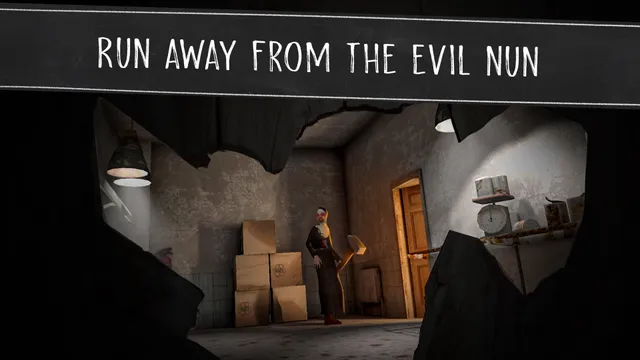 Evil Nun screenshot: Sister Madeline stands among boxes in a lit room, seen through a hole in the wall