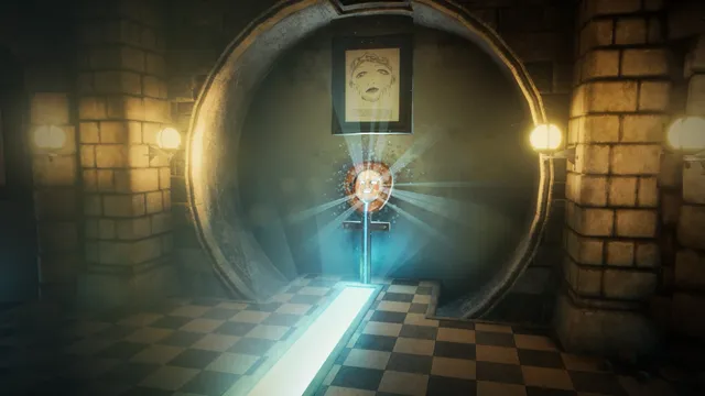 Evil Nun: The Broken Mask screenshot: Sister Madeline raises her hammer at the player in a red-curtained hall