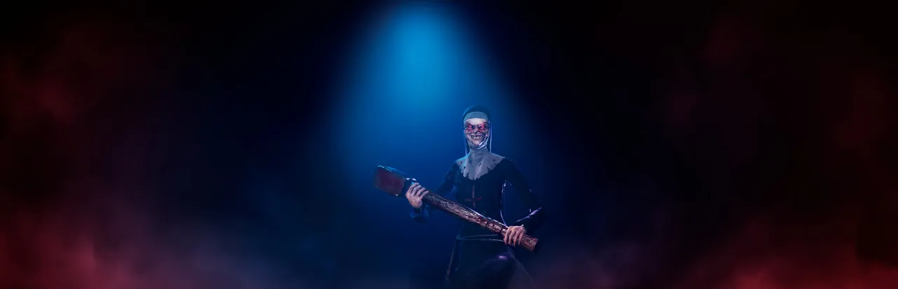 Evil Nun: The Broken Mask key art: Sister Madeline with a red-eyed grin and a giant hammer under a blue spotlight