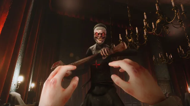 Evil Nun: The Broken Mask screenshot: the school's rooftops and grounds at night in a wooded valley