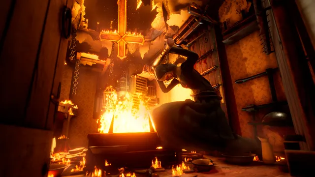 Evil Nun: The Broken Mask screenshot: the nun swings her hammer in a room on fire under a burning cross