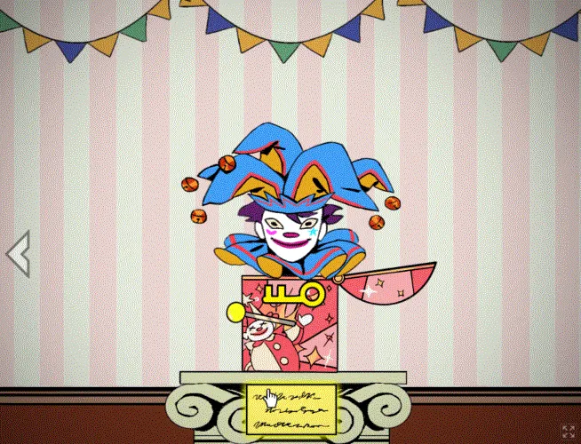 Exhibit of Sorrows screenshot: a jack-in-the-box jester in a white mask popping up on a striped circus wall