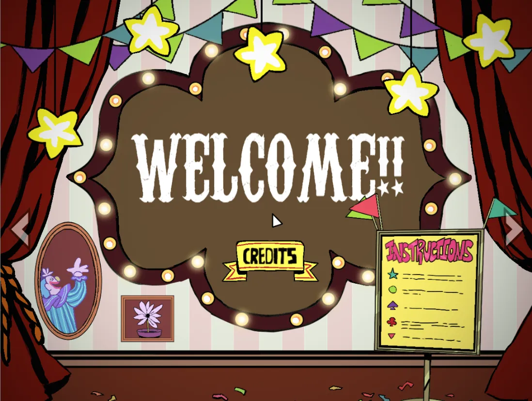 Exhibit of Sorrows screenshot: a circus stage with red curtains, a lit-up WELCOME sign, a blue parrot doll in an oval frame and a yellow instructions board
