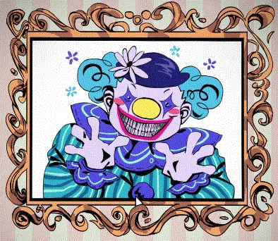 Exhibit of Sorrows cover: a grinning blue-haired clown with wide eyes in an ornate gold picture frame