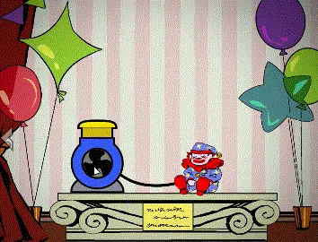 Exhibit of Sorrows screenshot: a small clown doll sitting beside a blue jar on a stand against striped wallpaper