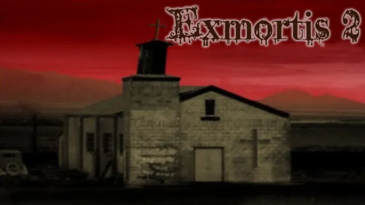 Exmortis 2 title art: an old stone church with a cross on its tower under a blood-red sky, the title in dripping letters