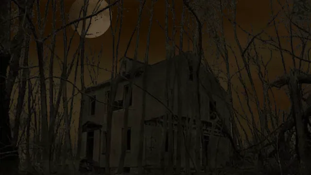 Exmortis title art: a dark two-storey house among bare trees under a pale full moon, in brown and black tones